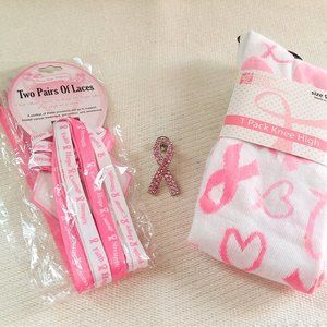 Breast Cancer Awareness Bundle -- Knee Hi Socks, Shoelaces, and Pink Ribbon Pin